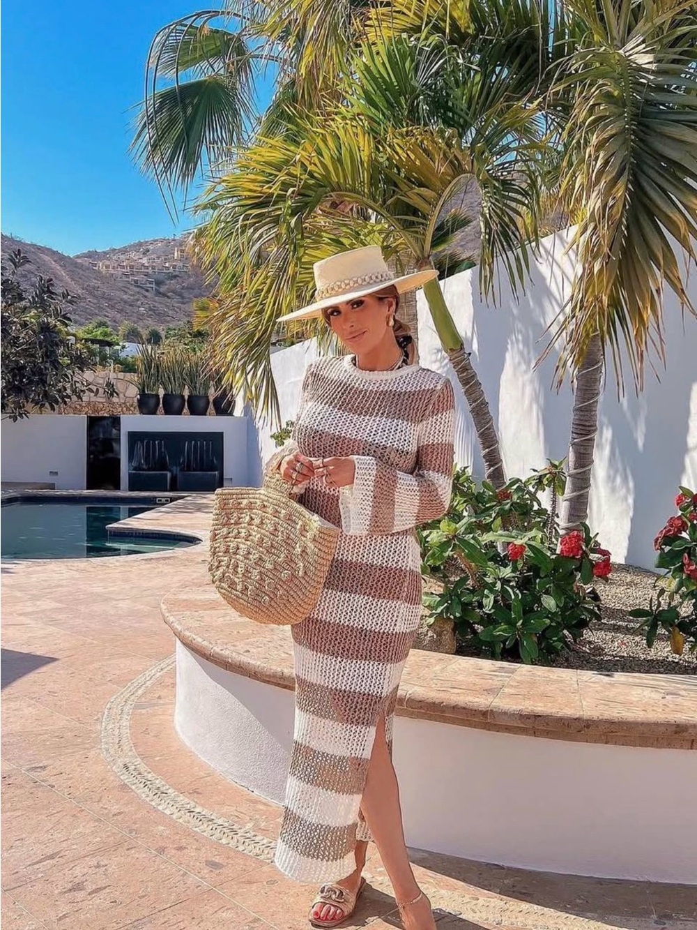 River Island Beige and White Striped Knit Maxi Dress